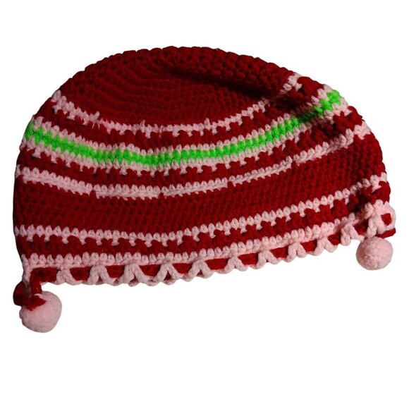 Vintage Handmade Crochet Hat Red White Green Striped Pattern With Pom-Pom Trim - Picture 1 of 10